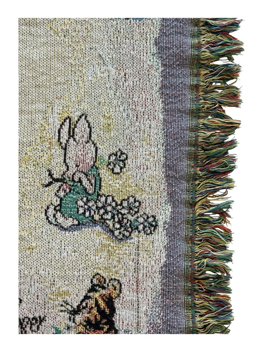 Vintage Disney Winnie Pooh Piglet Woven Tapestry Throw Blanket Fringe Edges